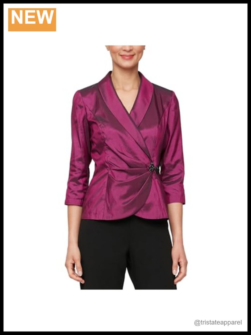 Women's Stretch Taffeta 3/4 Sleeve Formal Blouse, Party Top, Button Front,
